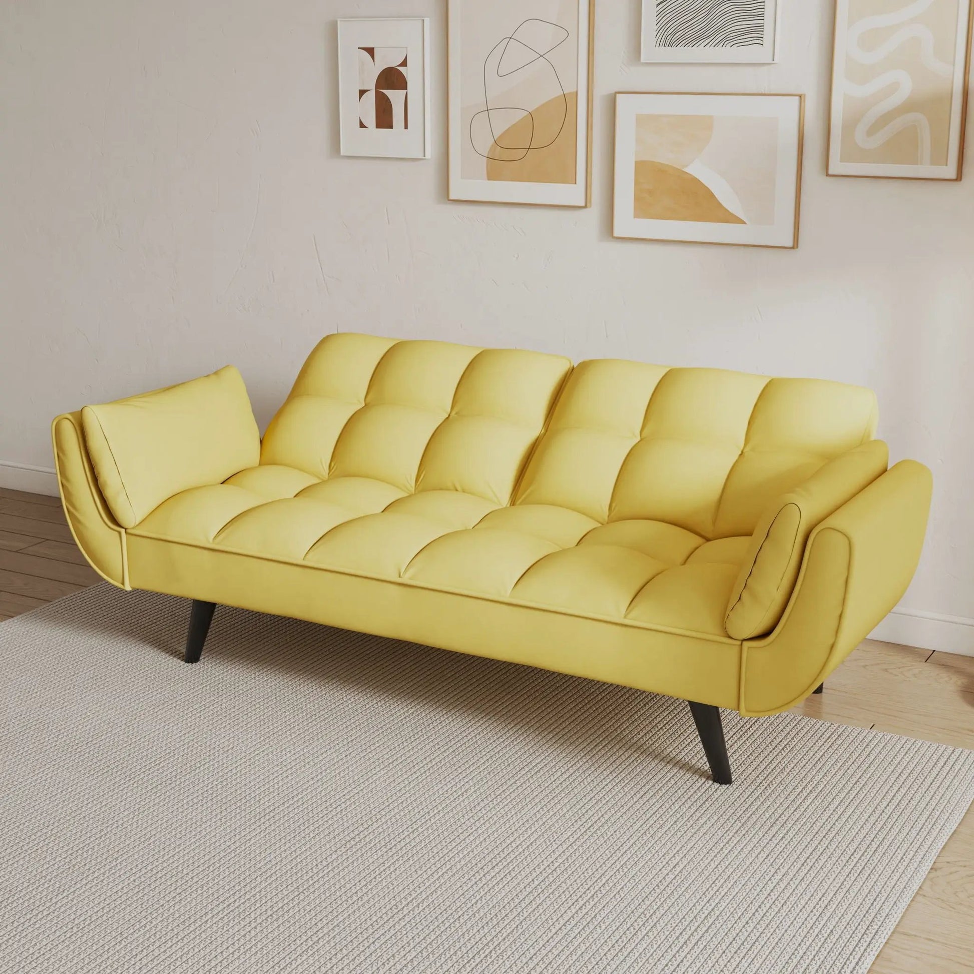Sofa yellow tufted two-armrest with leather-look upholstery and black legs on Tampa Home & Garden Store