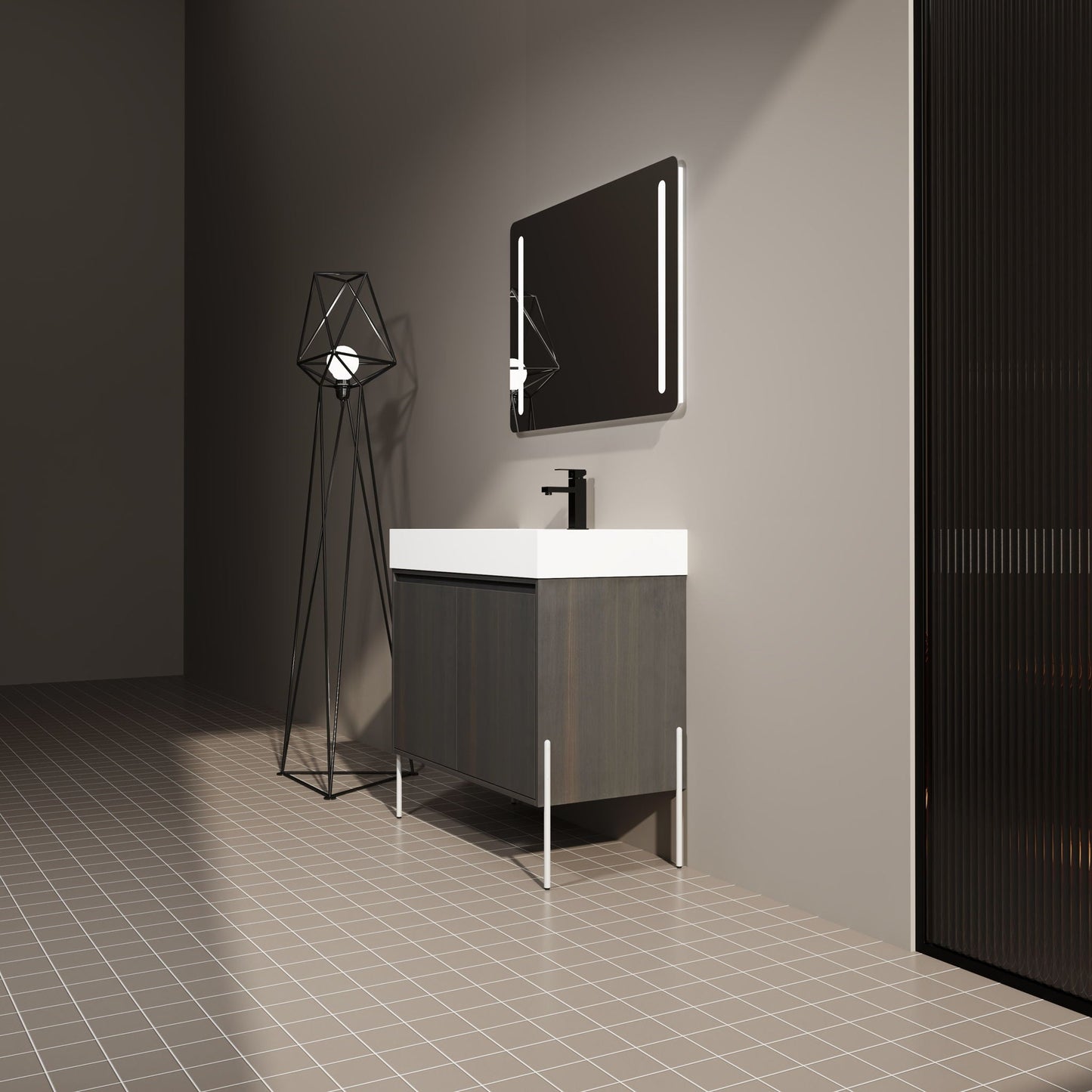 HouseOfZazla vanity with resin sink and storage cabinet in dark wood top white LED mirror on Tampa Home & Garden Store