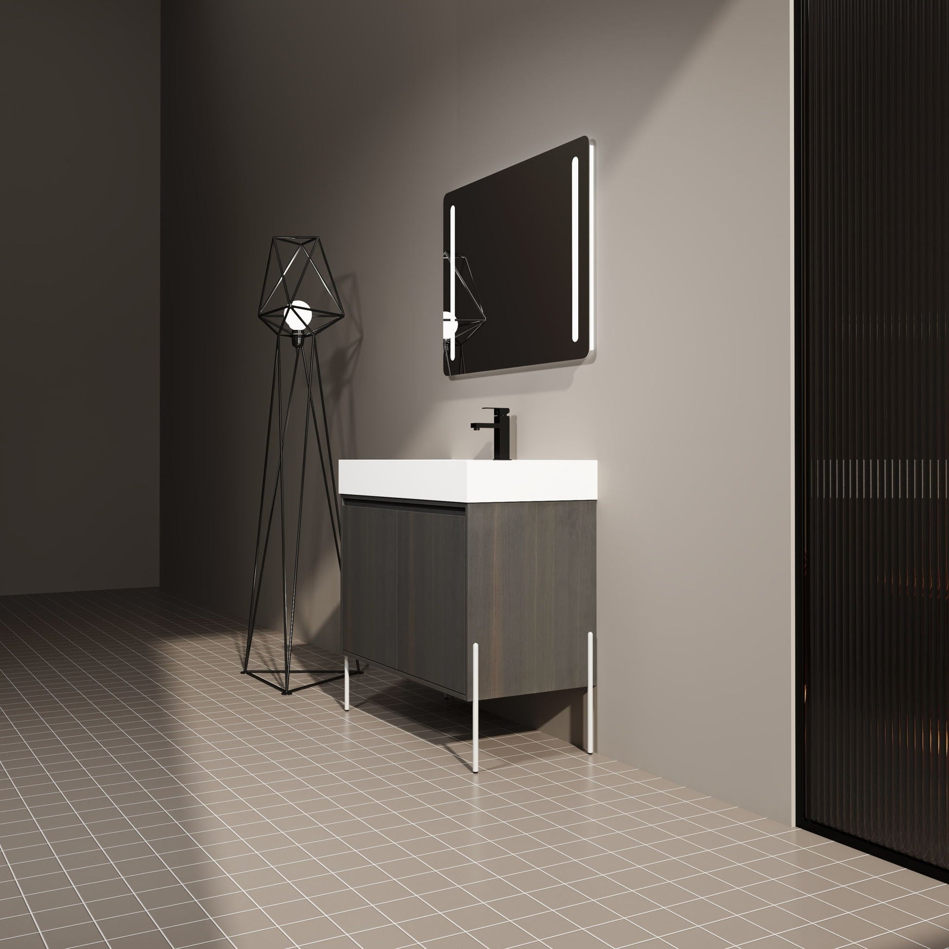 HouseOfZazla vanity with resin sink and storage cabinet in dark wood top white LED mirror on Tampa Home & Garden Store