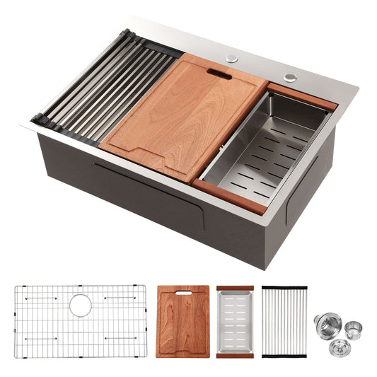Drop In Kitchen Sink Stainless Steel 16 Gauge with wood cutting board insert and metal rack set on Tampa Home & Garden Store
