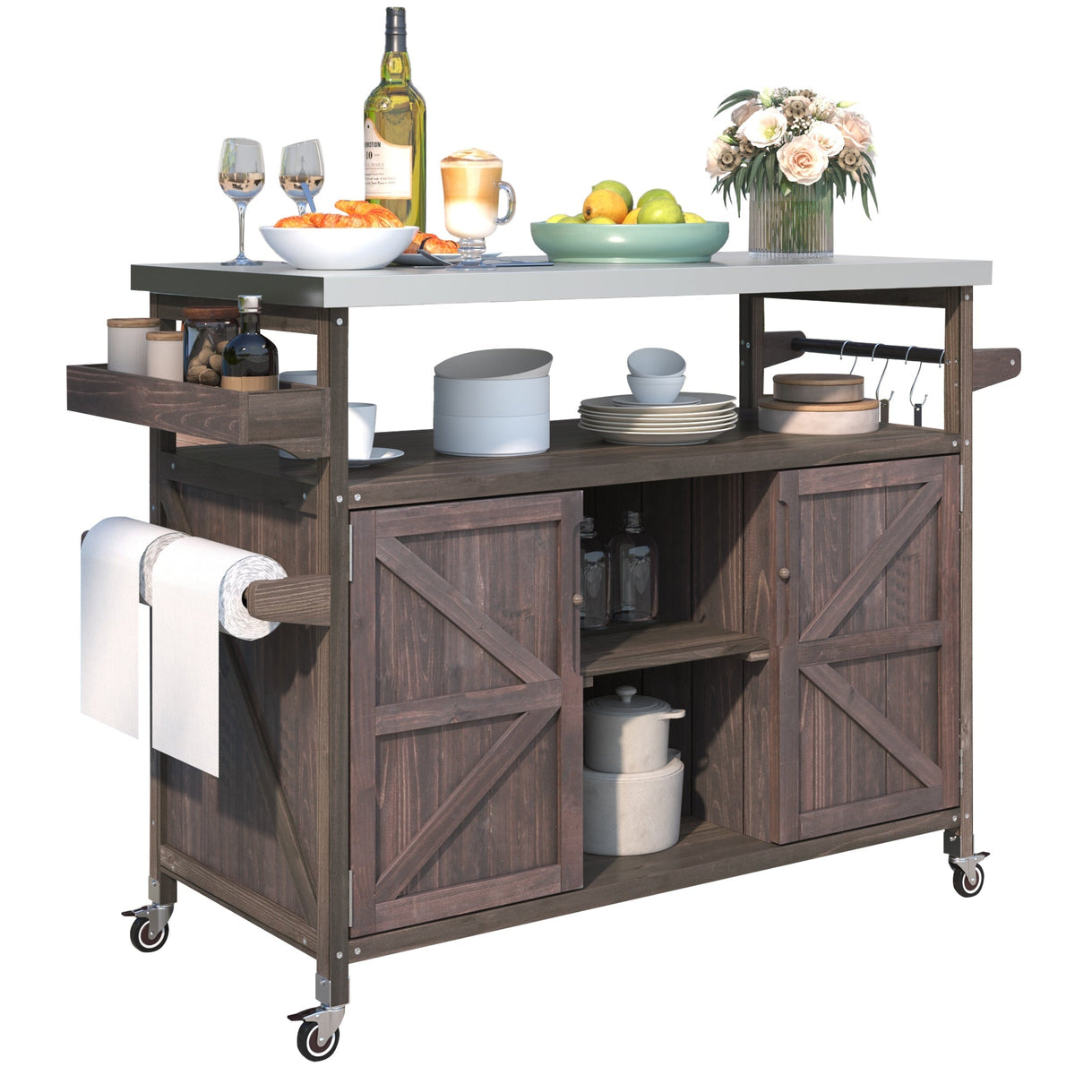 K&K Outdoor Kitchen Island rolling bar cart with storage cabinet in dark wood and gray top on Tampa Home & Garden Store