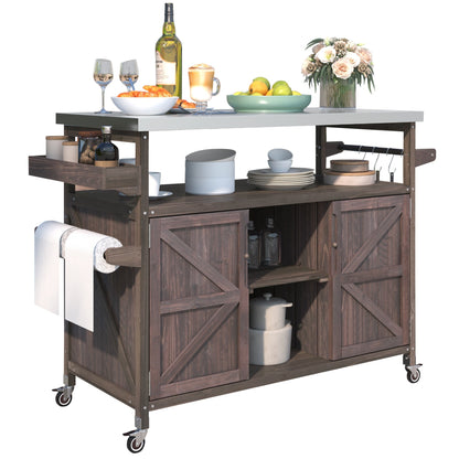 K&K Outdoor Kitchen Island rolling bar cart with storage cabinet in dark wood and gray top on Tampa Home & Garden Store