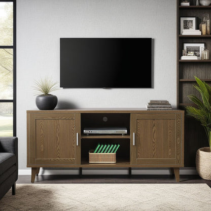 Modern 60 Inch TV Stand in Classic Walnut Finish with side cabinets and open center shelf on Tampa Home & Garden Store
