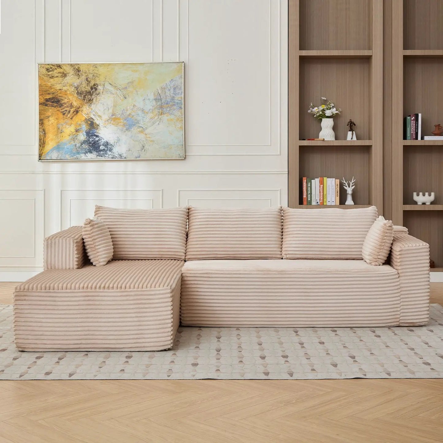 Compression sectional sofa with chaise in beige ribbed fabric Unique Piece L-shaped on Tampa Home & Garden Store
