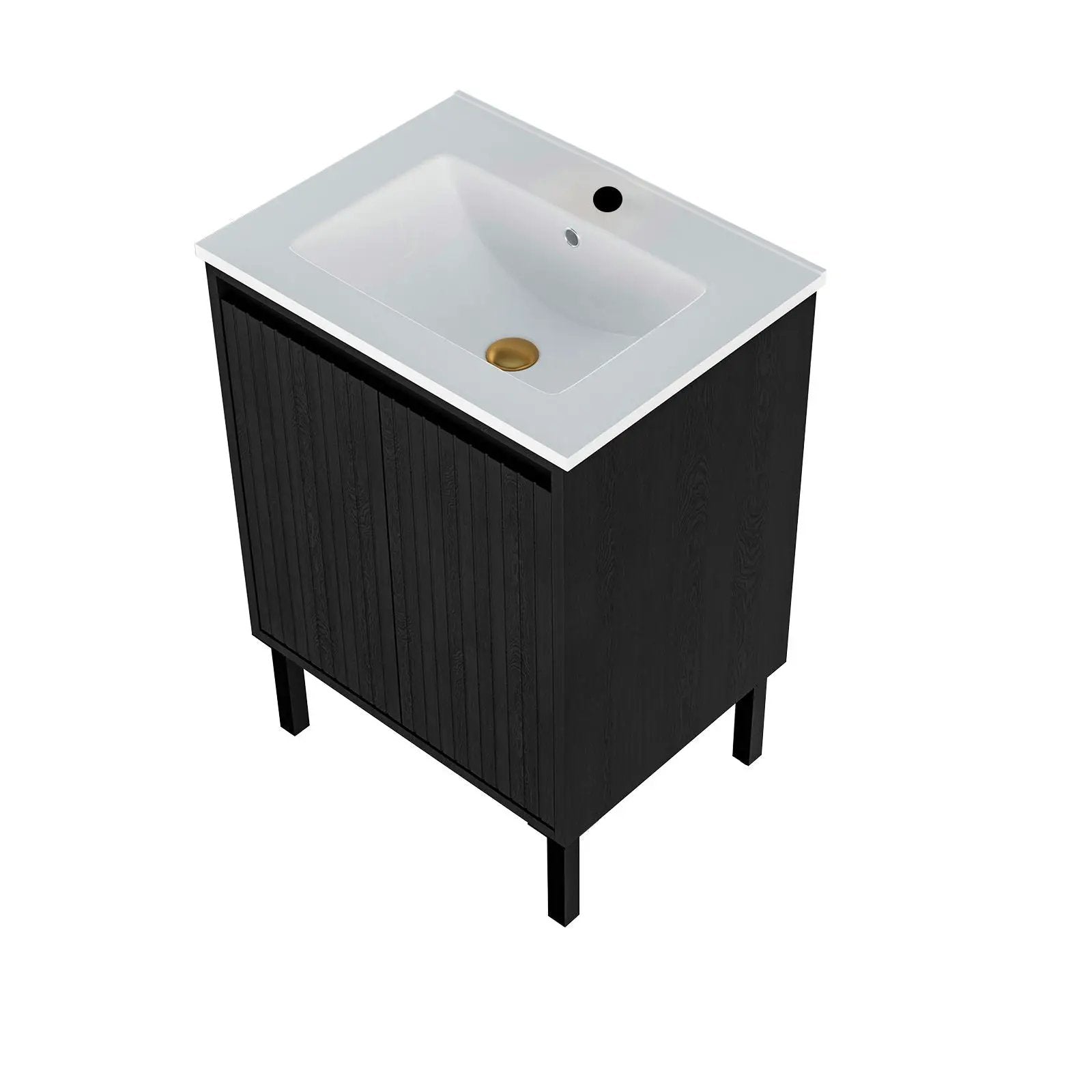 Bathroom vanity with ceramic sink, black floor-standing cabinet, white countertop, brass drain on Tampa Home & Garden Store