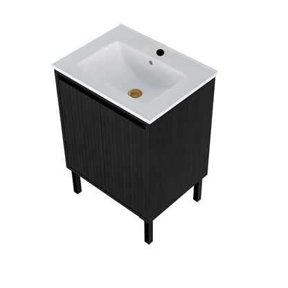 Bathroom vanity with ceramic sink, black floor-standing cabinet, white countertop, brass drain on Tampa Home & Garden Store