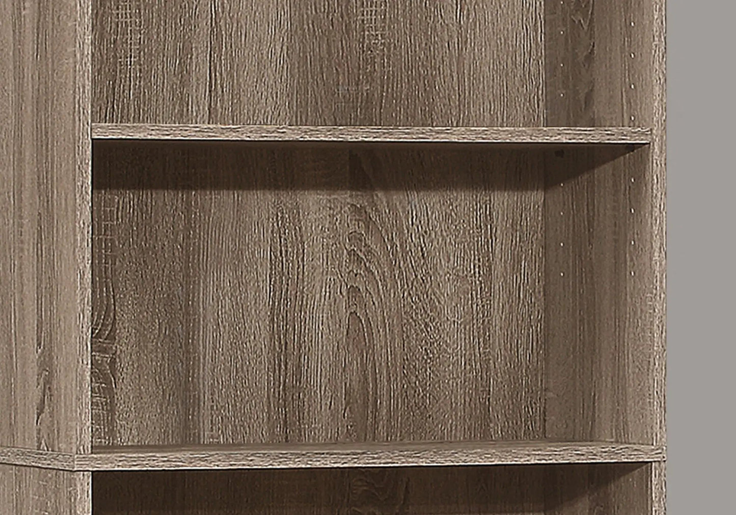 Bookshelf 6-tier bookcase warm brown wood finish close-up of shelf edge on Tampa Home & Garden Store