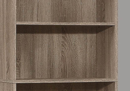 Bookshelf 6-tier bookcase warm brown wood finish close-up of shelf edge on Tampa Home & Garden Store