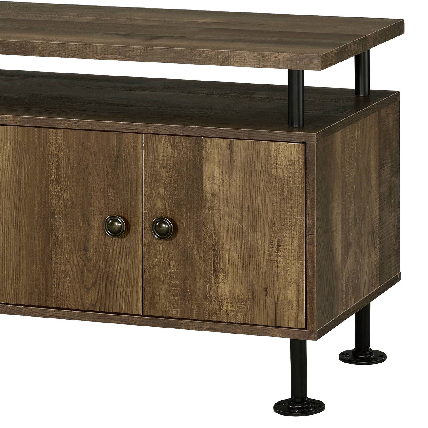 Ensata II TV Stand Rustic Oak finish with black metal legs and two cabinet doors HouseOfZazla on Tampa Home & Garden Store