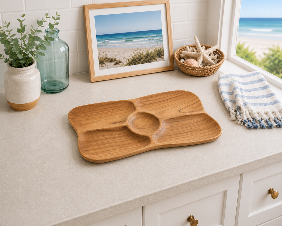 Teak serving tray with four curved compartments and central well, natural wood finish, on Tampa Home & Garden Store