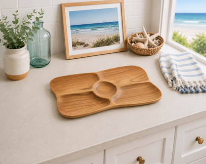 Teak serving tray with four curved compartments and central well, natural wood finish, on Tampa Home & Garden Store