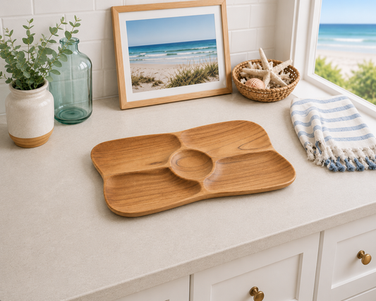 Teak serving tray with four curved compartments and central well, natural wood finish, on Tampa Home & Garden Store