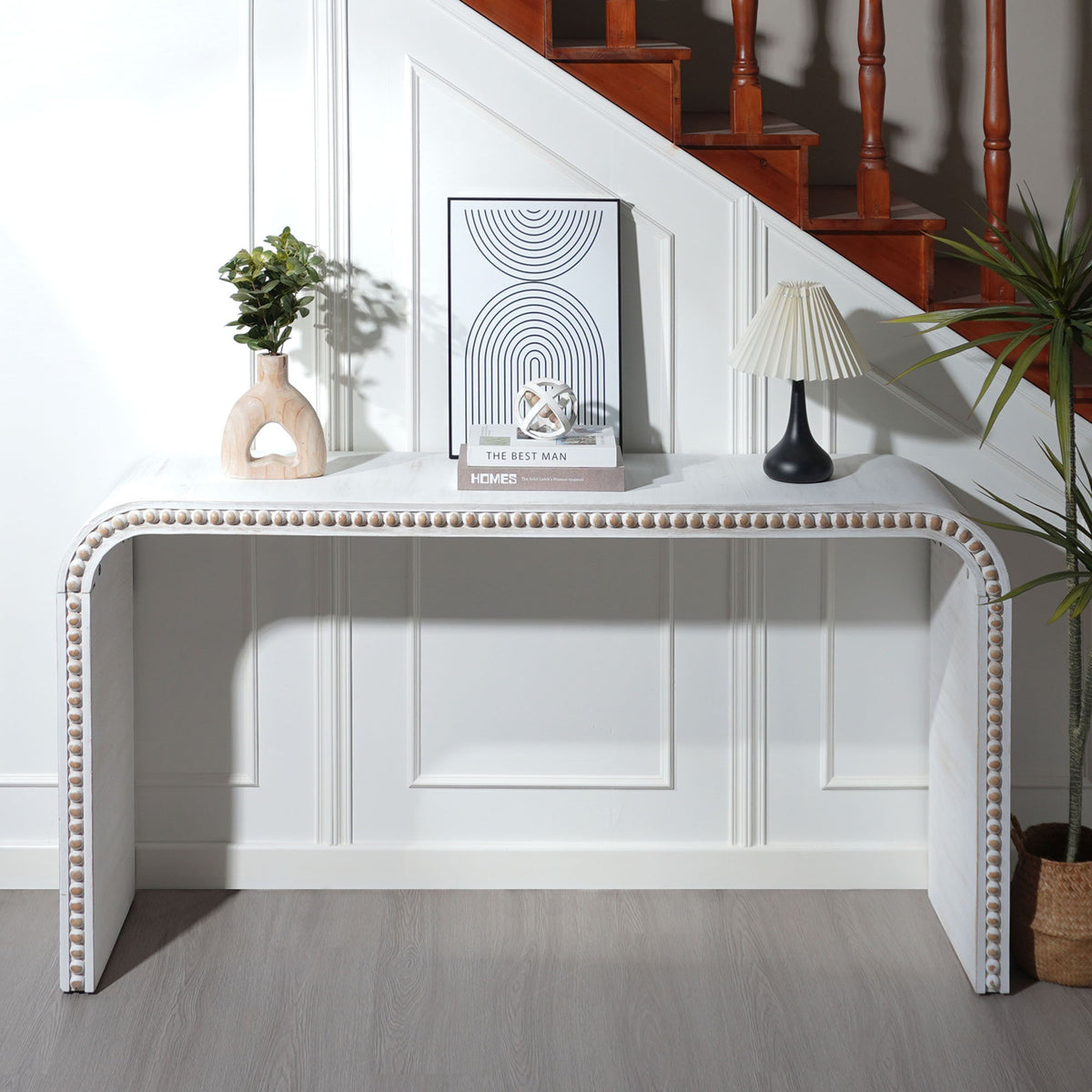 Waterfall Console Table white curved frame with light brown bead trim by HouseOfZazla on Tampa Home & Garden Store