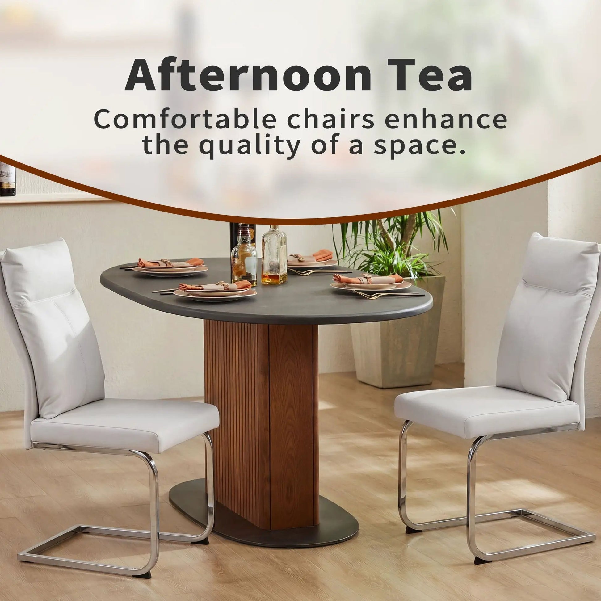 Modern dining chair set (2 pcs) with white cushions and chrome legs around a round table on Tampa Home & Garden Store