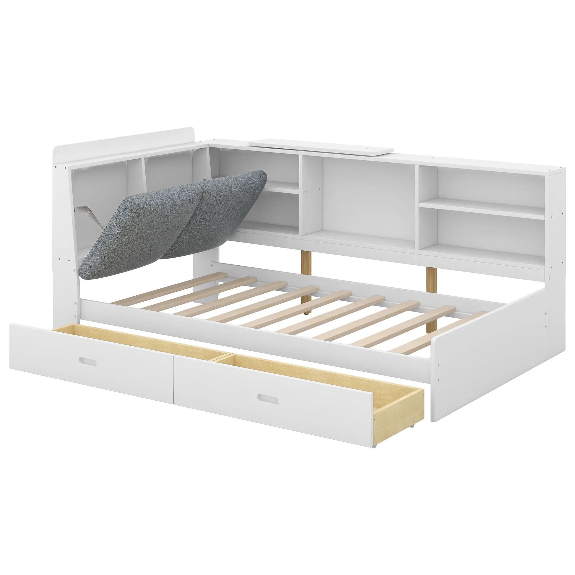 White platform bed with storage headboard, built-in shelves and two drawers in modern design on Tampa Home & Garden Store
