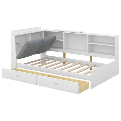 White platform bed with storage headboard, built-in shelves and two drawers in modern design on Tampa Home & Garden Store