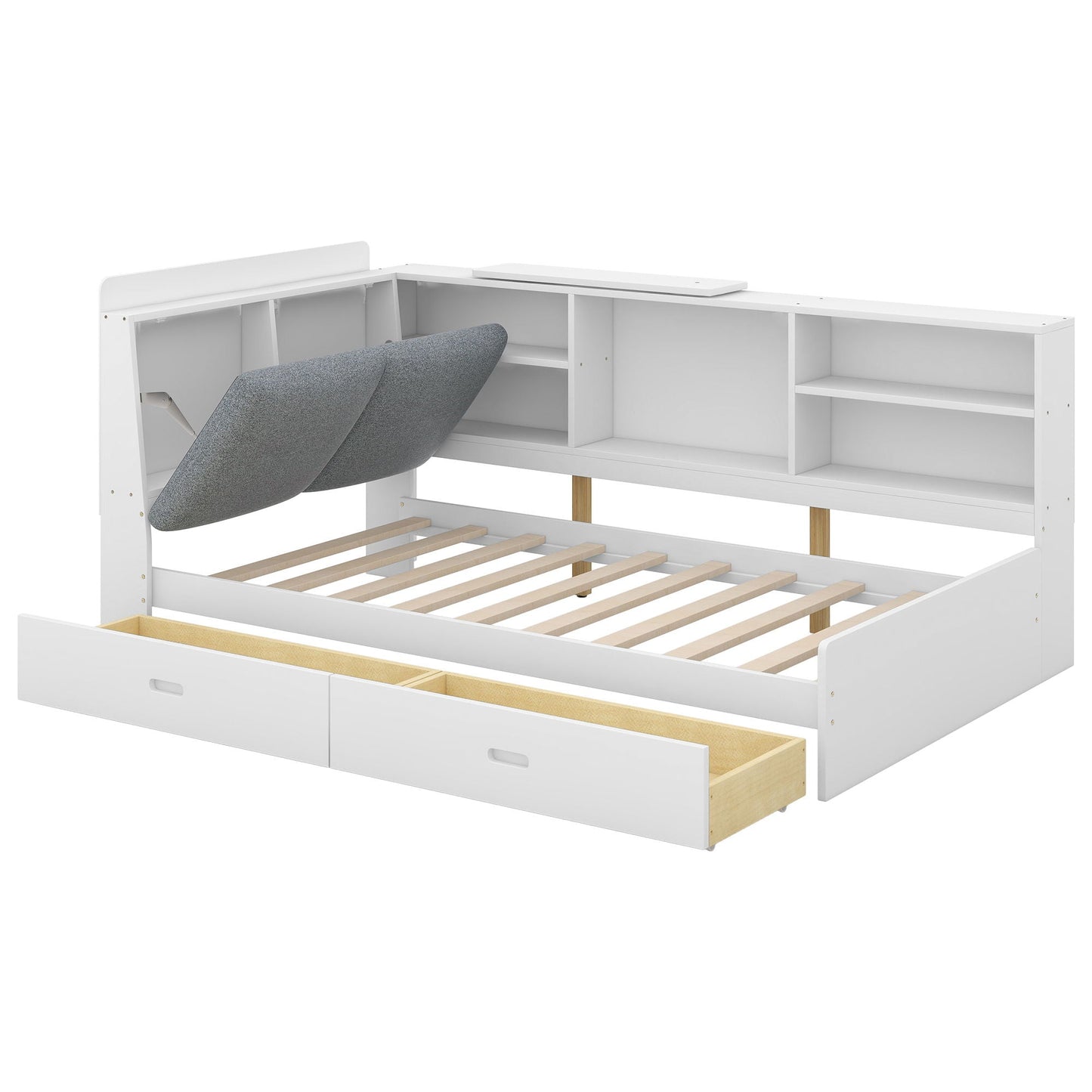Platform bed with storage headboard, shelves and 2 drawers in white finish by HouseOfZazla on Tampa Home & Garden Store