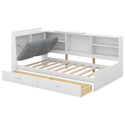 Platform bed with storage headboard, shelves and 2 drawers in white finish by HouseOfZazla on Tampa Home & Garden Store