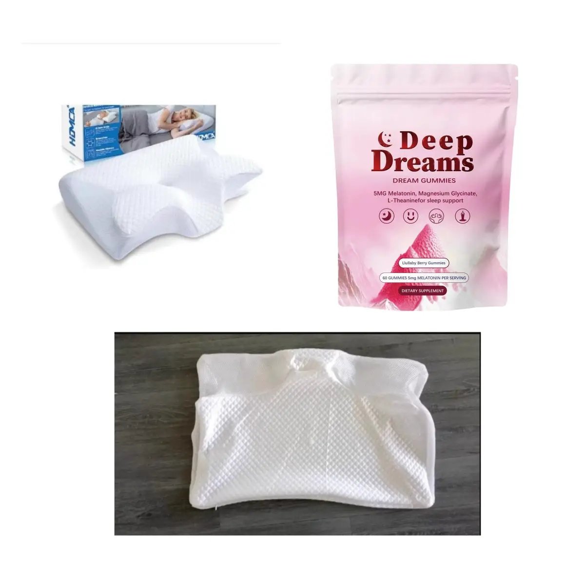 Melatonin soft candy 5g gummies with pink Deep Dreams bag and white textured pillow on Tampa Home & Garden Store