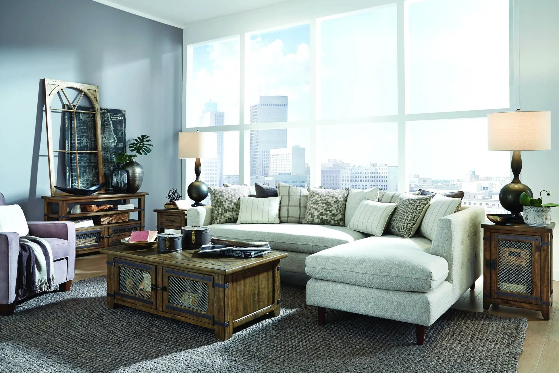 Chesterfield Rectangular Sofa Table in farmhouse timber with metal mesh panels on Tampa Home & Garden Store