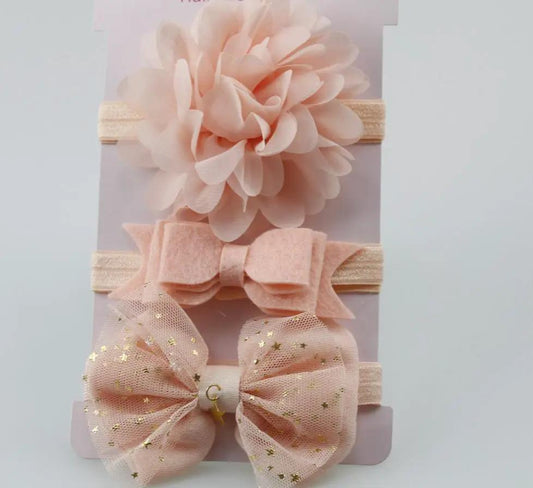 Stevvex pink baby elastic flower headband set of 3 with large bloom and glitter tulle bow on Tampa Home & Garden Store