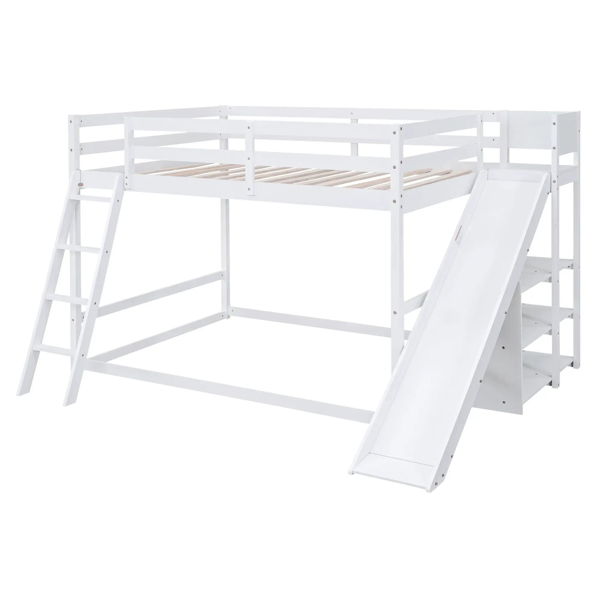 Bunk bed with ladder and slide, white finish with built-in shelves and pine wood slats on Tampa Home & Garden Store