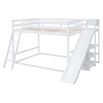 Bunk bed with ladder and slide, white finish with built-in shelves and pine wood slats on Tampa Home & Garden Store