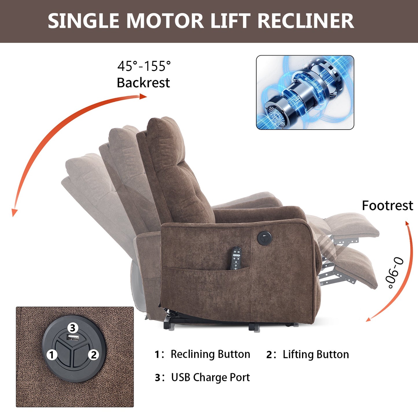 HouseOfZazla brown chenille single motor lift recliner chair with side pocket and USB port on Tampa Home & Garden Store