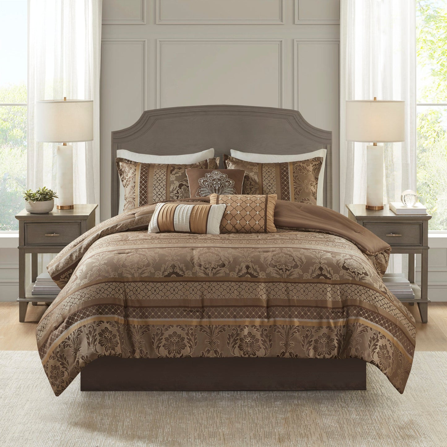 7 Piece Jacquard Comforter Set Brown/Gold Cal King bedding on a king bed with matching pillows on Tampa Home & Garden Store