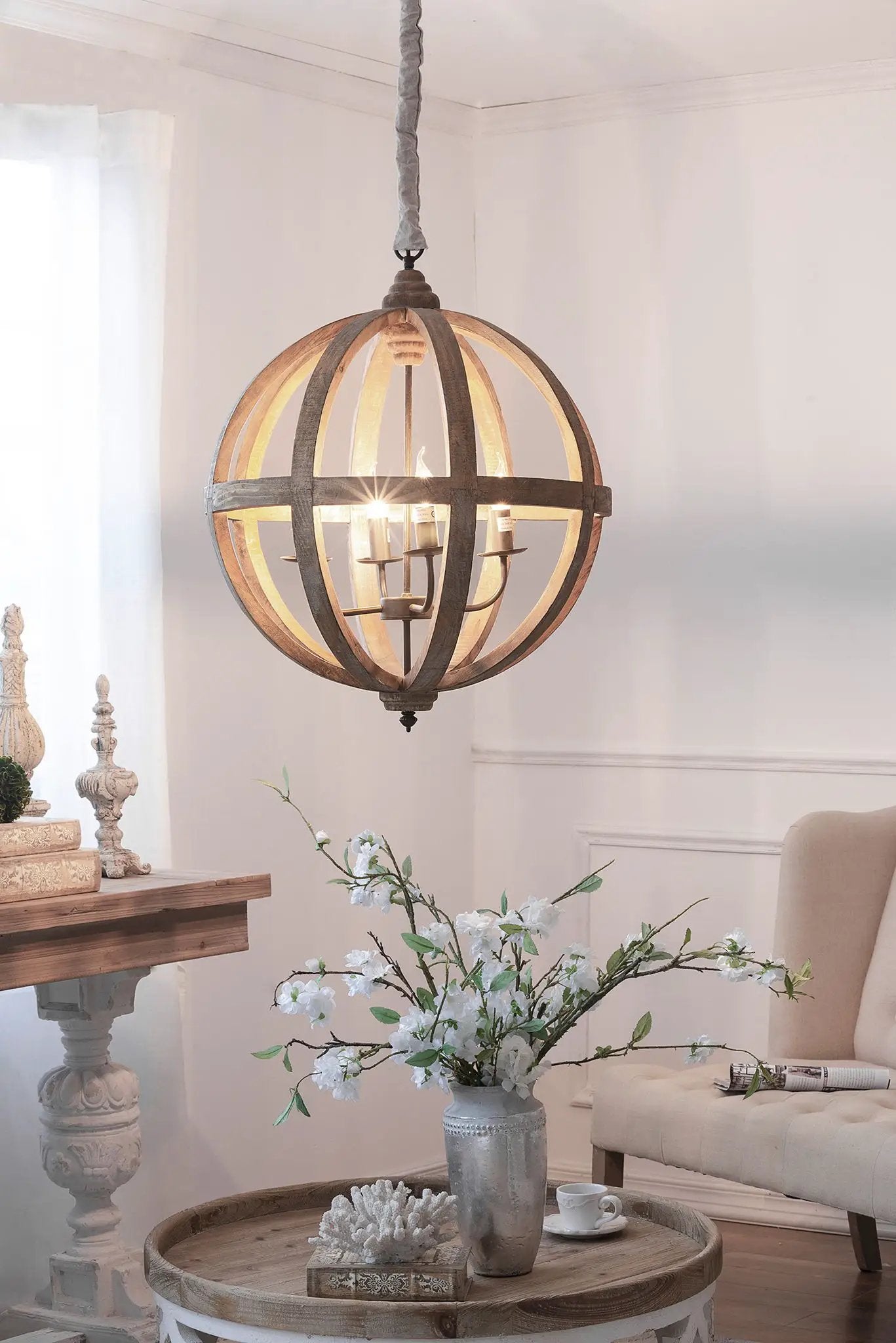 Wood Chandelier with Adjustable Chain for Kitchen
