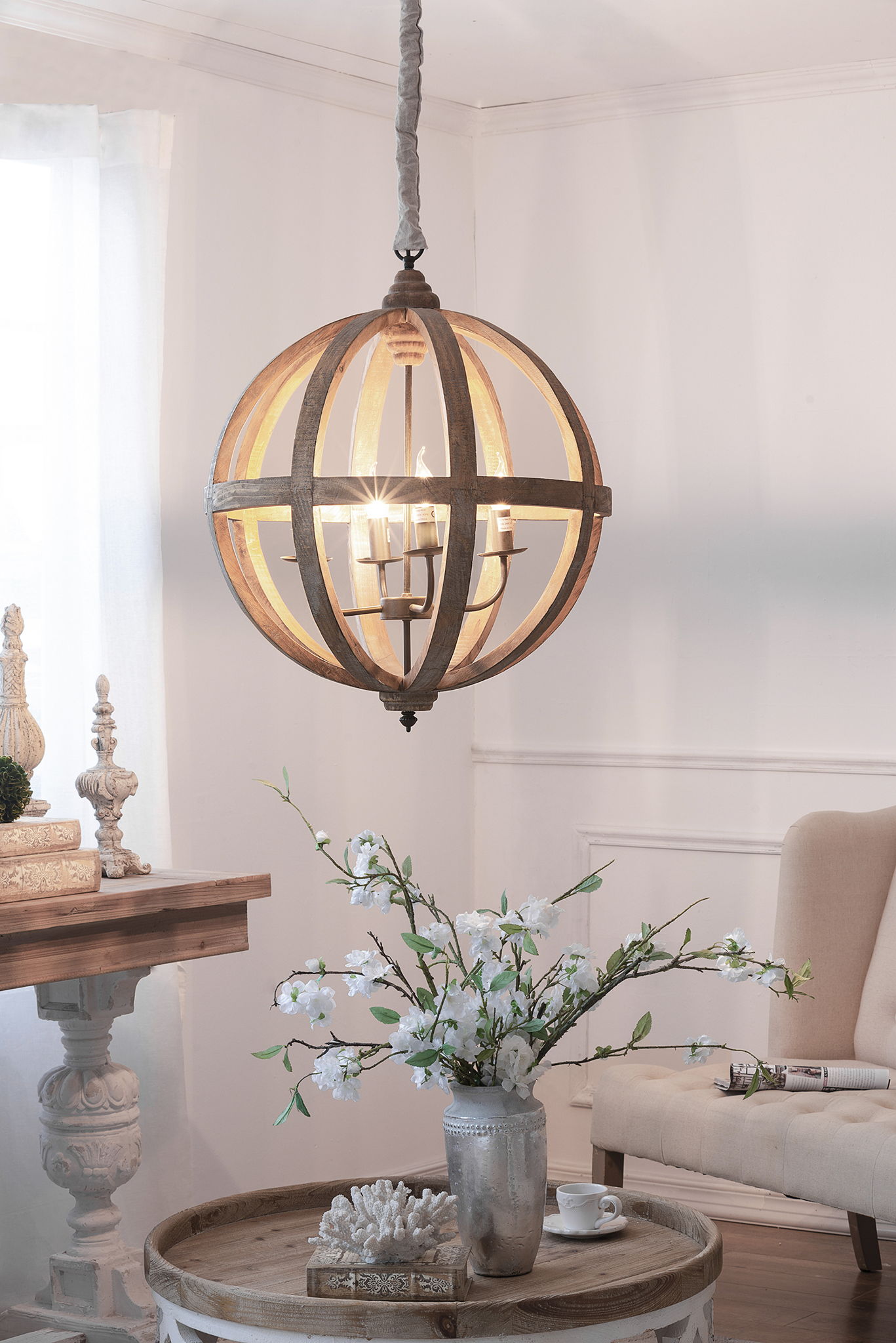 4-light wooden globe chandelier with brown frame and fabric chain on Tampa Home & Garden Store