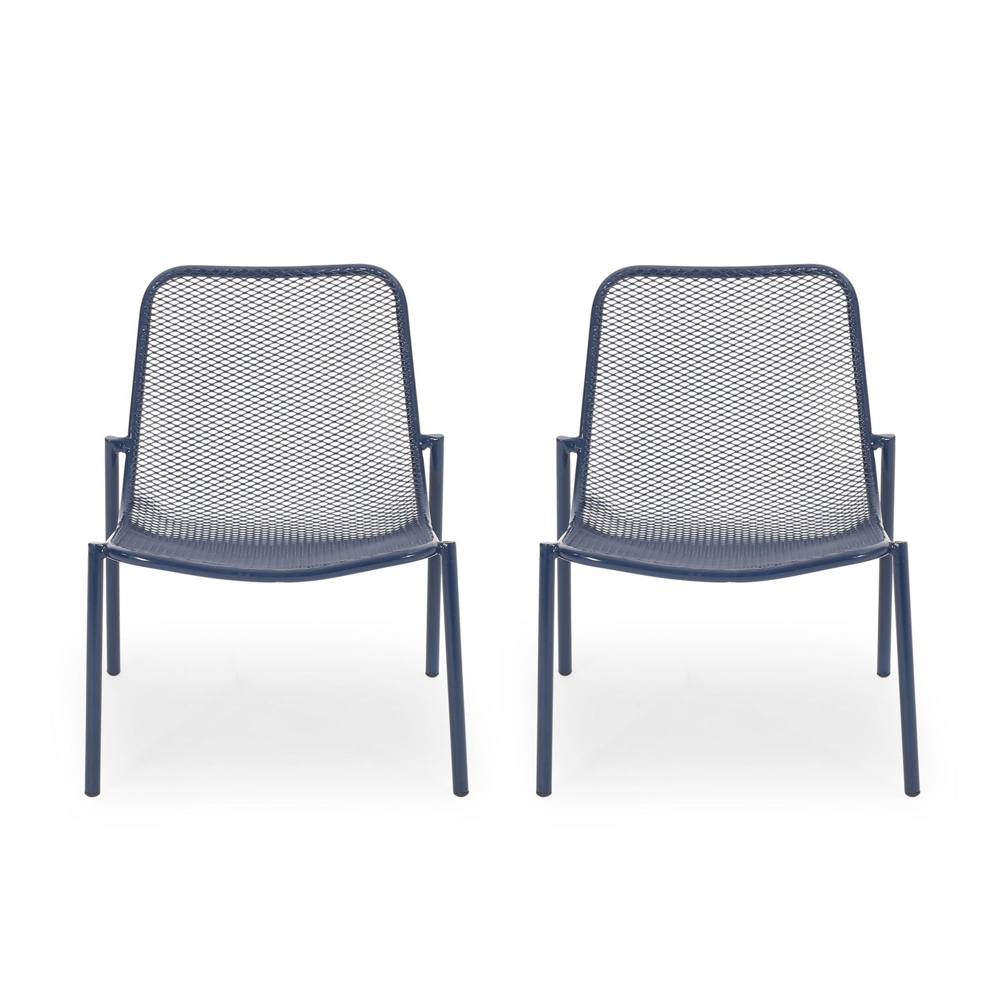 Kincaid Stackable Iron Chairs, armless outdoor navy blue metal mesh pair on Tampa Home & Garden Store