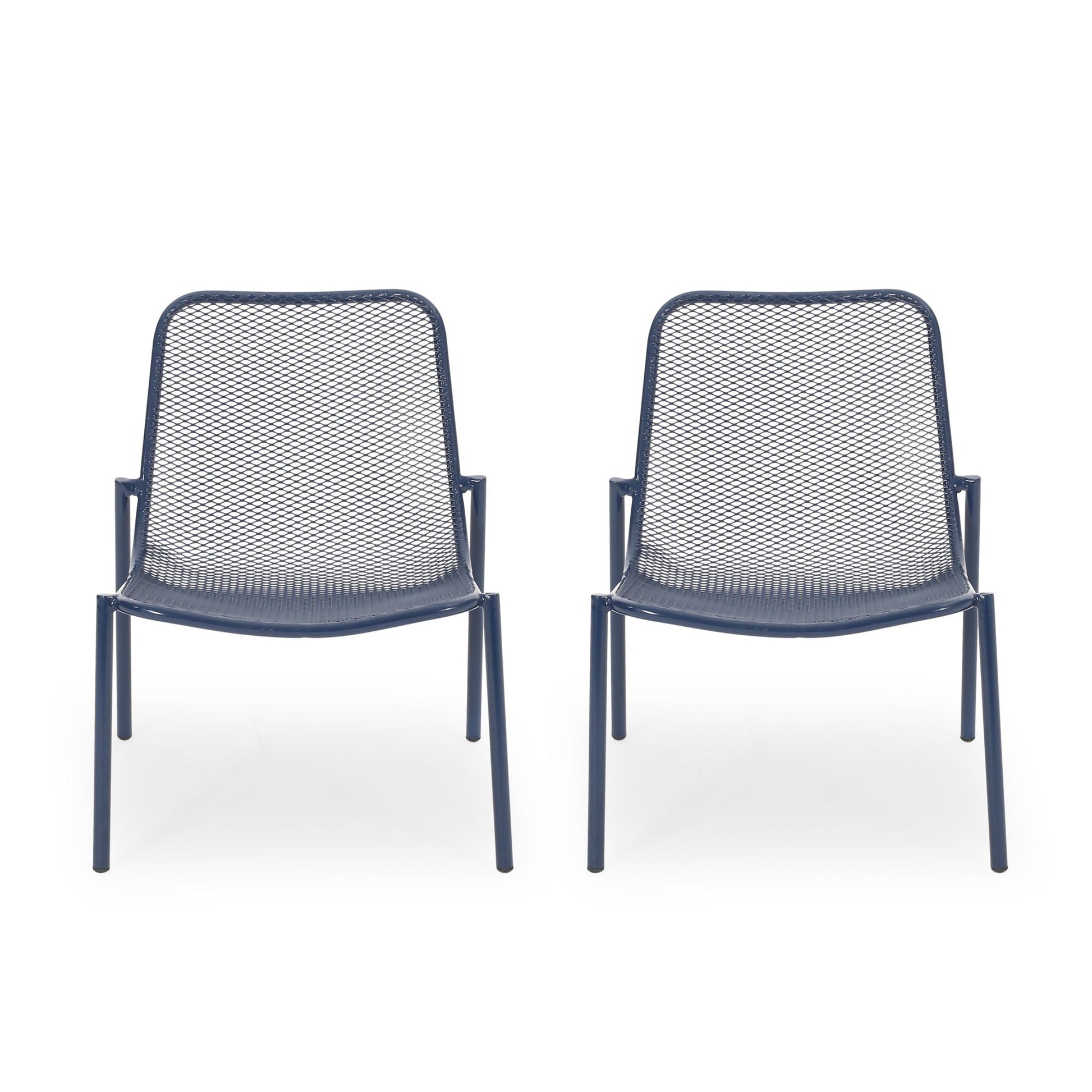 Kincaid Stackable Iron Chairs, armless outdoor navy blue metal mesh pair on Tampa Home & Garden Store