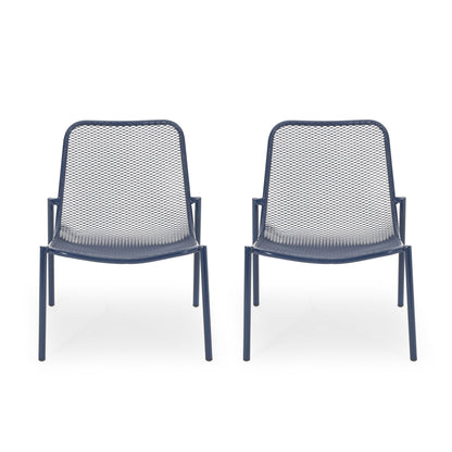 Kincaid Stackable Iron Chairs, armless outdoor navy blue metal mesh pair on Tampa Home & Garden Store