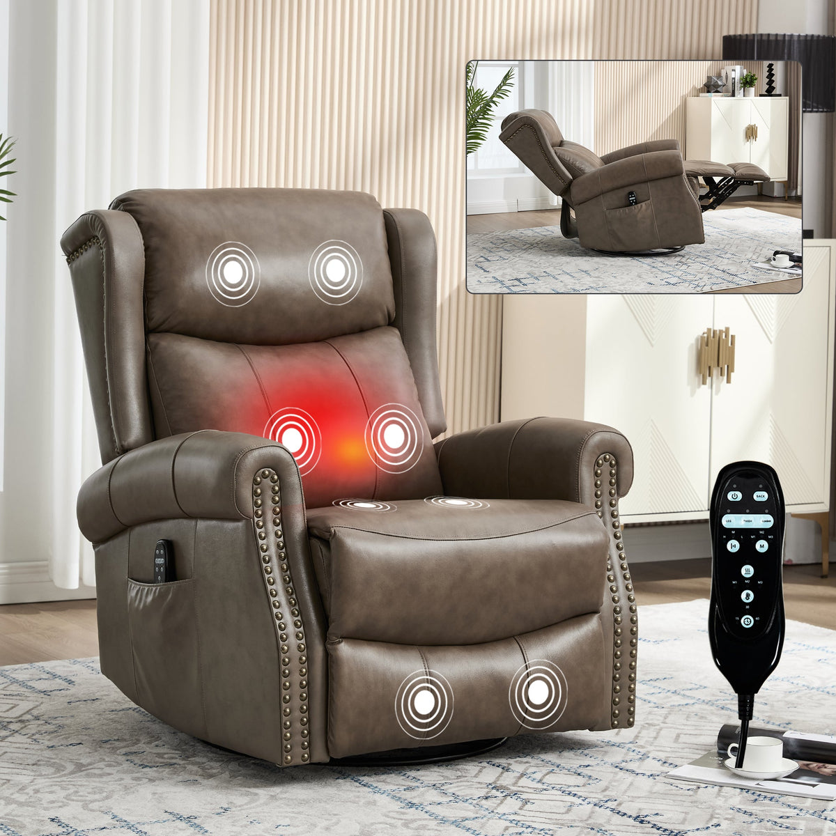 Heat Massage Manual Recliner Chair by HouseOfZazla in brown leather with remote on Tampa Home & Garden Store