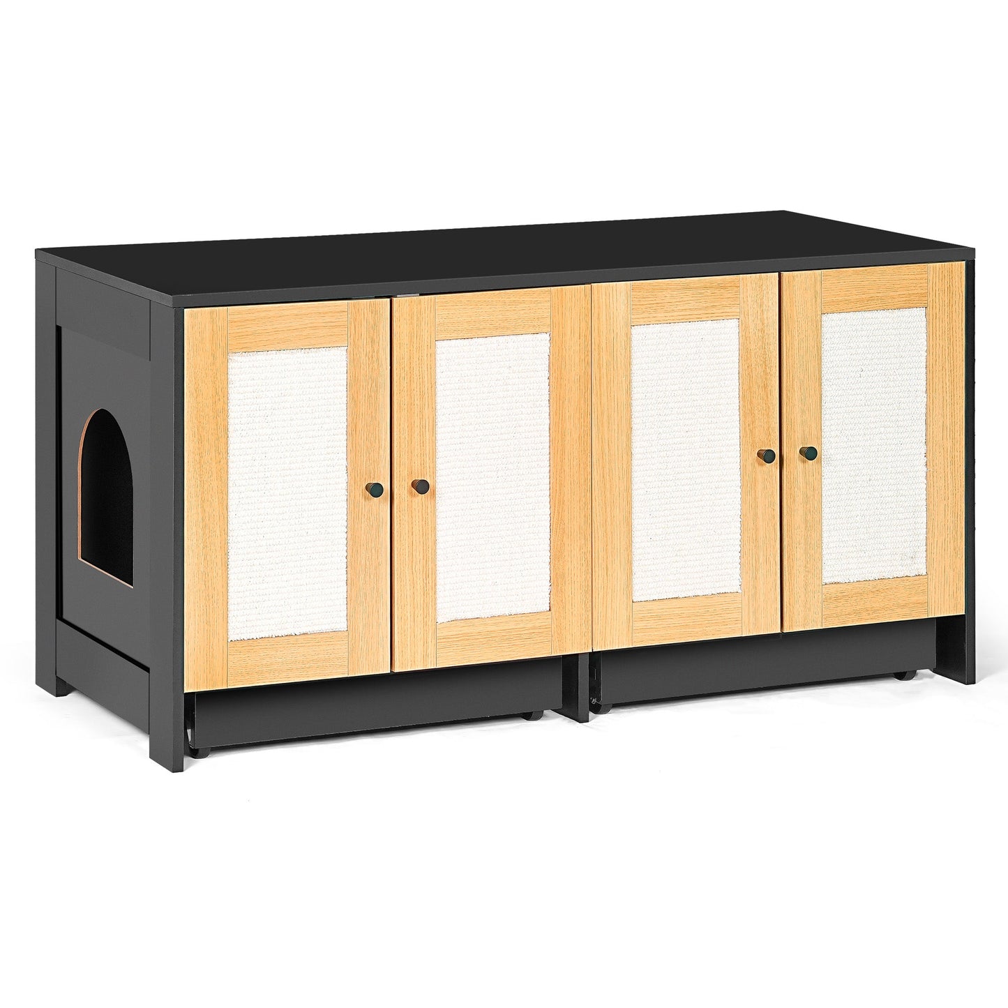 Double litter box enclosure for cats by HouseOfZazla, black frame with natural wood doors on Tampa Home & Garden Store