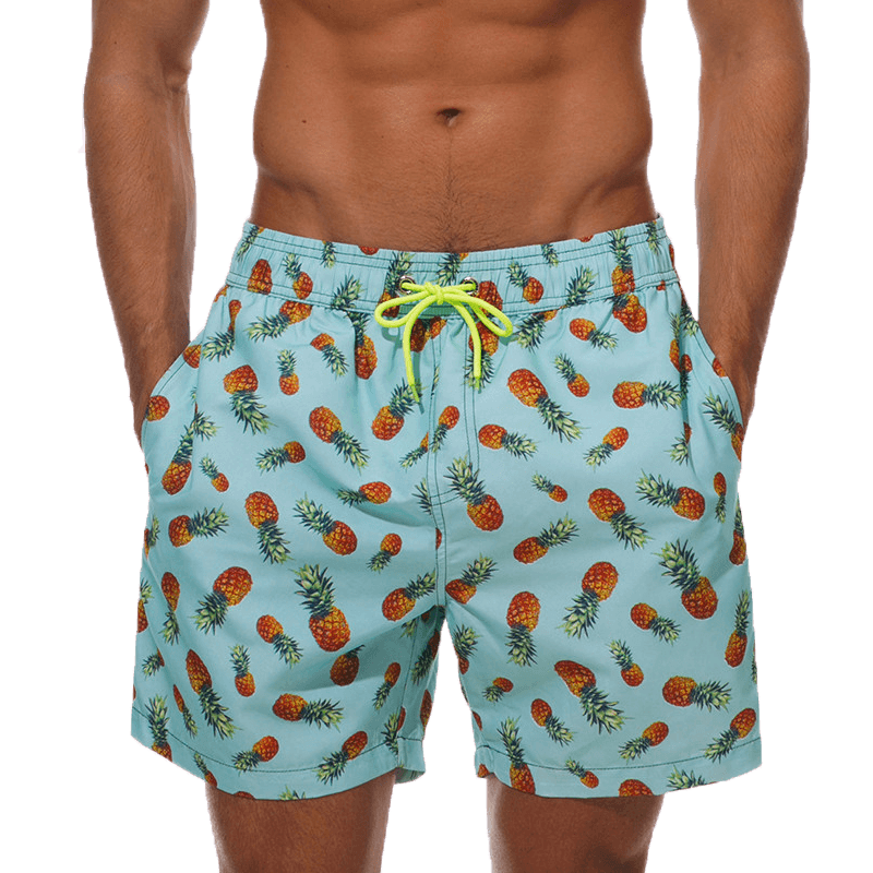 Boardshorts Stevvex pineapple print aqua quick-dry swim trunks with neon lime drawstring on Tampa Home & Garden Store