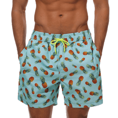 Boardshorts Stevvex pineapple print aqua quick-dry swim trunks with neon lime drawstring on Tampa Home & Garden Store