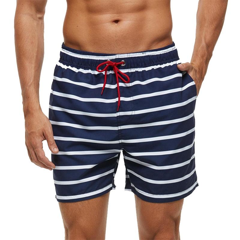 Men's Stevvex boardshorts navy stripes quick-dry swim trunks with red drawstring and mesh lining on Tampa Home & Garden Store