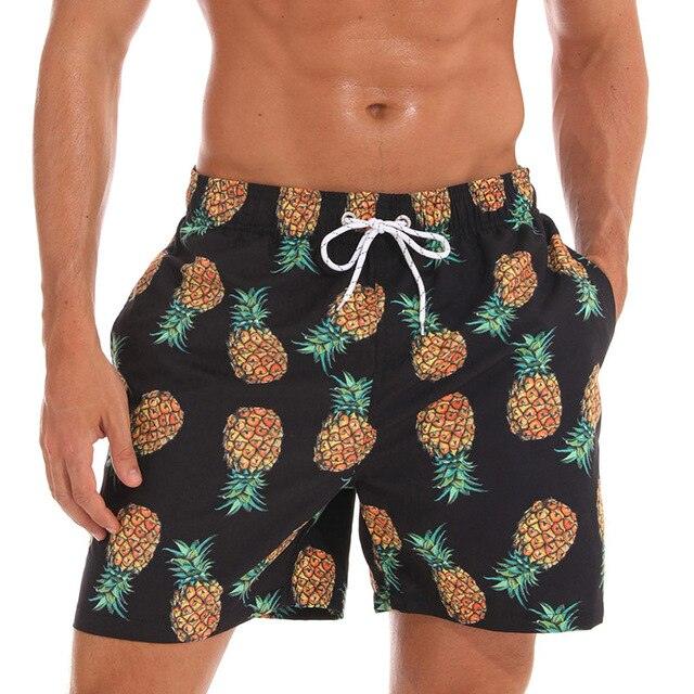 Men's pineapple beach shorts, black quick-dry boardshorts with white drawstring Stevvex on Tampa Home & Garden Store