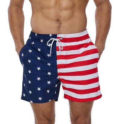 Men's quick-dry boardshorts with flag design; navy stars left, red-white stripes right on Tampa Home & Garden Store