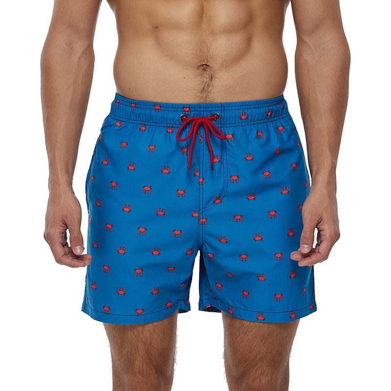 Boardshorts Stevvex blue with red crab print, quick-dry swim trunks with mesh lining on Tampa Home & Garden Store