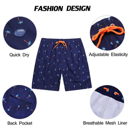 Men's navy palmprint swim shorts with orange drawstring and quick-dry liner back pocket on Tampa Home & Garden Store