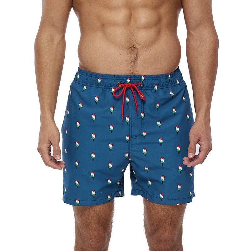 Stevvex men's boardshorts blue swim trunks with red drawstring and popsicle pattern on Tampa Home & Garden Store