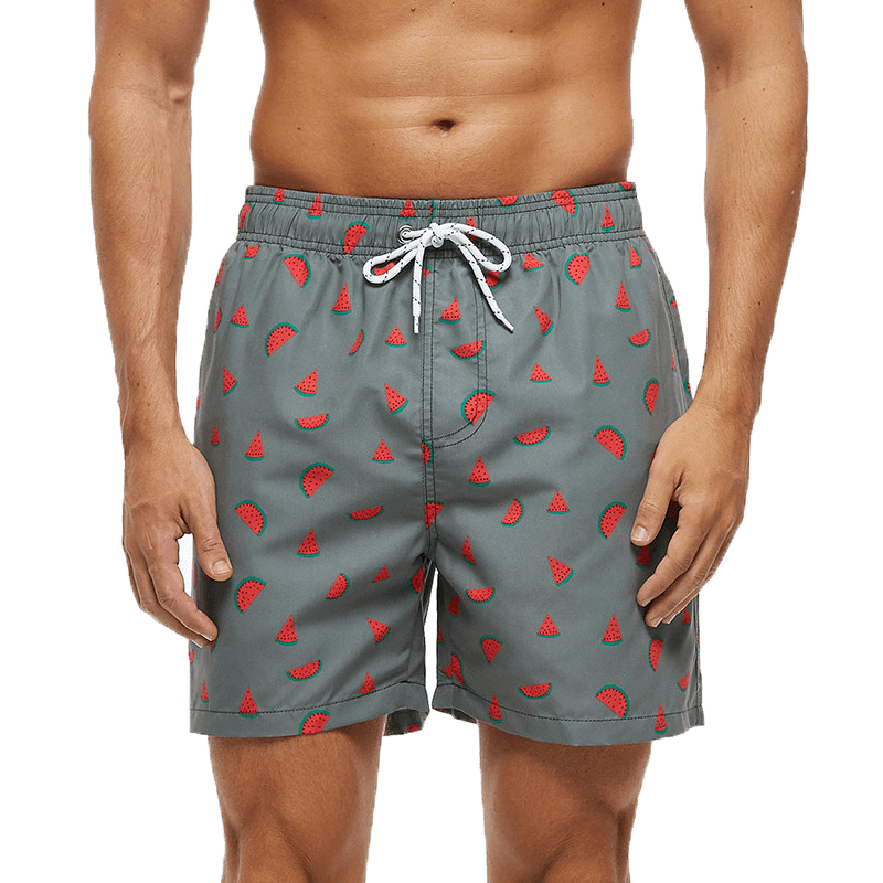Men's boardshorts grey quick-dry swim trunks with watermelon pattern and white drawstring on Tampa Home & Garden Store