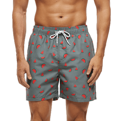 Men's boardshorts grey quick-dry swim trunks with watermelon pattern and white drawstring on Tampa Home & Garden Store