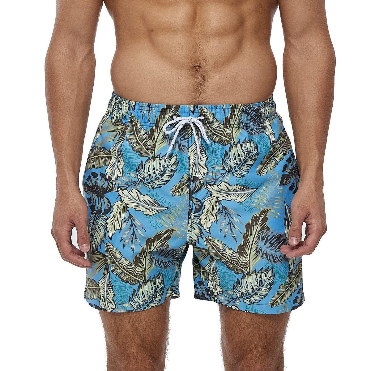 Men's boardshorts blue tropical print quick-dry swim trunks with mesh lining and white drawstring on Tampa Home & Garden Store
