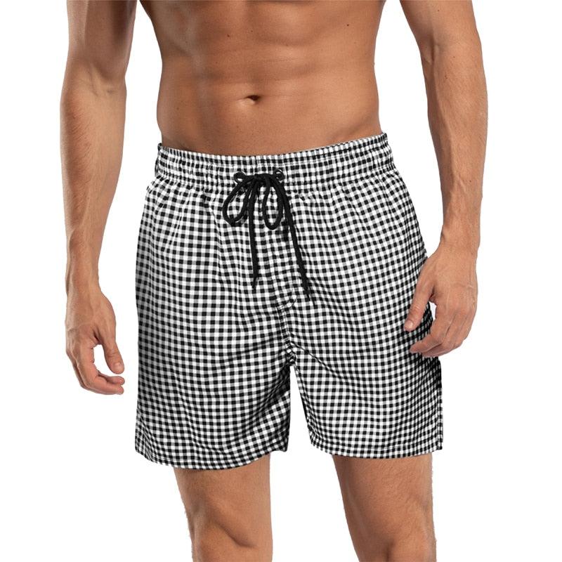 Men's Stevvex boardshorts black and white gingham with drawstring, quick-dry swim trunks on Tampa Home & Garden Store