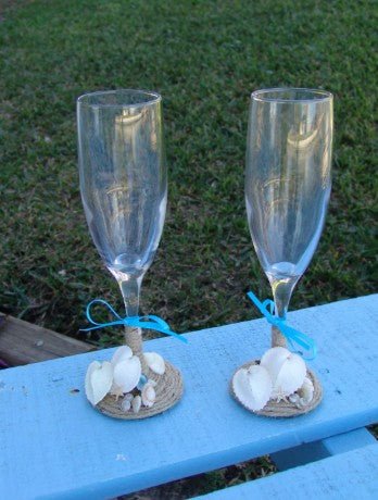Beach Wedding Toasting Champagne and Shell Flutes