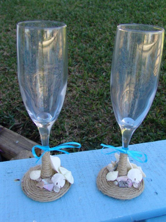 Beach Wedding Toasting Champagne and Shell Flutes